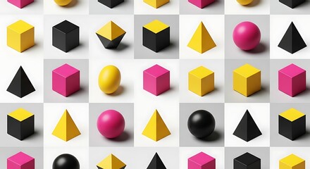 3D Geometric Shapes Pattern Cubes, Spheres, and Pyramids in Yellow, Black, and Pink