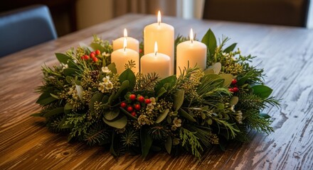 Advent wreath with burning candles on a wooden table