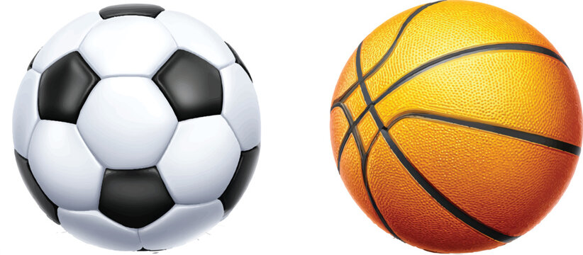 soccer ball and basketball, both on a white background as emoji icons, in the style of vector art