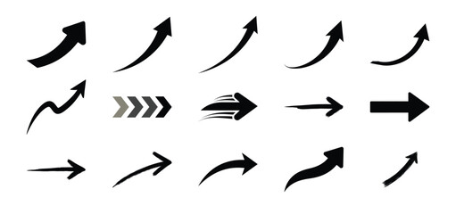 Collection of diverse black arrow icons and symbols on white background