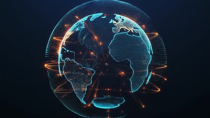 A digital globe with glowing network connections and orbiting rings, symbolizing global communication and technological advancement. - Powered by Adobe