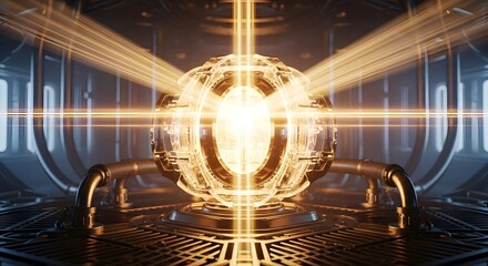 Futuristic power core illuminating chamber with intense energy beams showcasing advanced technology and engineering for clean energy generation or data processing within secure facility