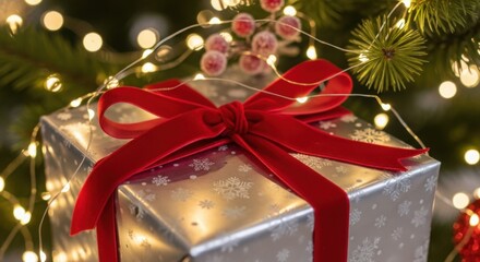 Silver Christmas gift box with red ribbon on blurred background of lights and tree