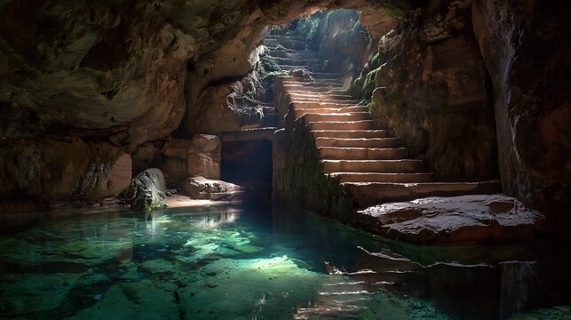 Sunbeam illuminates ancient stone stairs from clear cave water