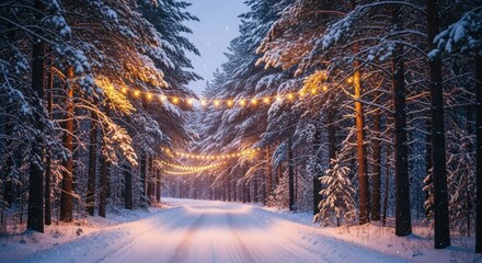 Snowy winter forest road illuminated with string lights