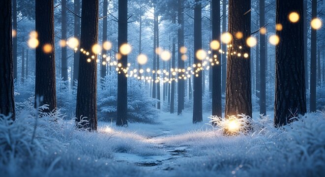Magical winter forest path illuminated by glowing fairy lights and lanterns during twilight