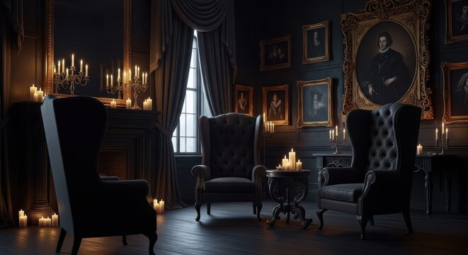 Atmospheric Elegance: A luxurious interior bathes in soft candlelight, framed by dark wood accents and opulent decor. A timeless aesthetic evokes a sense of tranquility.