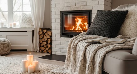 Cozy Fireplace Retreat: A warm and inviting scene of a living space with a roaring fire, complemented by soft textures and comforting elements, designed to evoke feelings of warmth.
