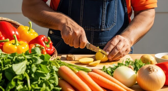 Culinary Creation: Close-up of hands expertly slicing a fresh potato on a wooden surface, surrounded by an array of colorful vegetables, embodying culinary artistry and fresh, wholesome ingredients.