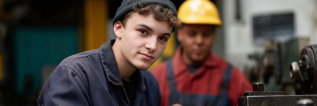A young machinist, wearing a beanie, illustrates dedication and skill while working alongside a seasoned technician, showcasing the importance of mentorship and hands-on training. - Powered by Adobe