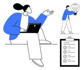 Woman using laptop gestures dynamically, clipboard with checklist, person holding lightbulb with leaves. Ideal for teamwork, productivity, planning, innovation, eco-friendly ideas, communication