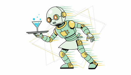 Fototapeta premium Speedy Retro Robot Waiter Serving Cocktail Drink on Tray - AI Automation in Hospitality