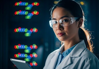 Female scientist wearing safety goggles and lab coat looking at a tablet with DNA strands in the background