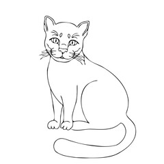 Vector line art of a graceful sitting cat isolated on white background. Minimal black contour drawing for coloring pages, tattoos, logos, stickers, prints, and modern minimalist decor.