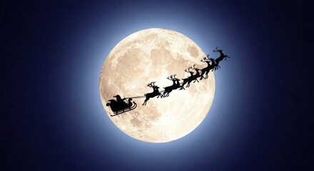 Santa Claus in sleigh with reindeer flying in front of full moon