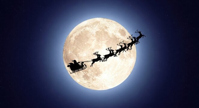 Santa Claus in sleigh with reindeer flying in front of full moon