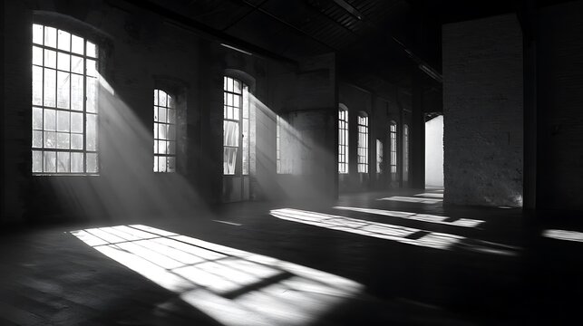 Sunlight illuminates empty industrial hall through arched windows - Powered by Adobe