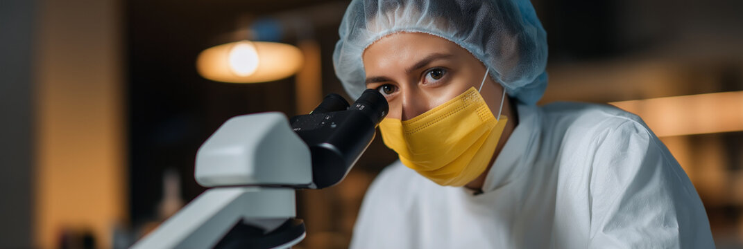 A focused scientist in a lab coat and protective gear, looking through a microscope, embodying curiosity and the pursuit of knowledge in the realm of scientific research and discovery.