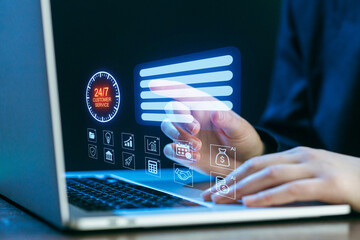 Digital customer service interface displayed on a laptop with user interaction in a modern workspace