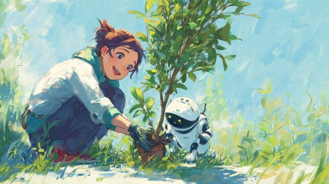 Young Boy Planting Tree with Robot in Bright Outdoor Garden Scene - Powered by Adobe