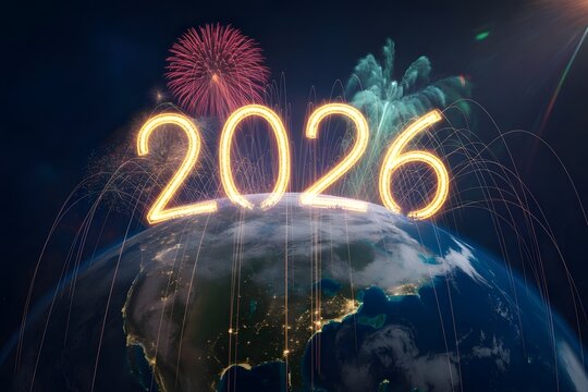 Exciting 2026 new year celebrations with fireworks over the planet earth, a vibrant and hopeful global event for a brighter future and new beginnings