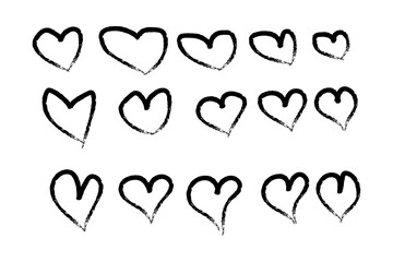 Collection of handdrawn heart shapes in various sizes isolated on white