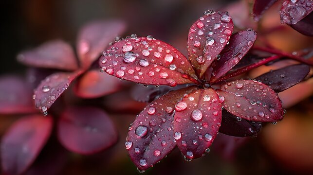 Close-up of vibrant red leaves adorned with clear water droplets - Powered by Adobe