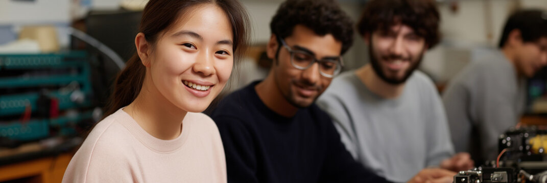 A group of students work together on a technical project, demonstrating collaboration, creativity and the essence of learning in a supportive educational environment.