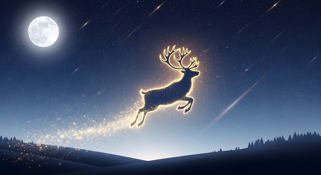 Magical glowing reindeer leaping through a starry night sky with a full moon above