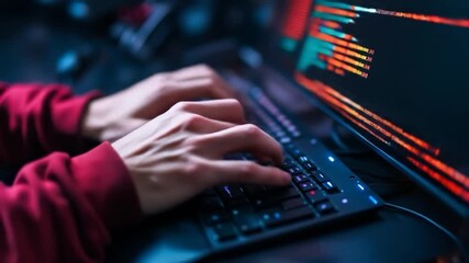 Hands typing on computer keyboard with code on screen technology development programming data - Powered by Adobe