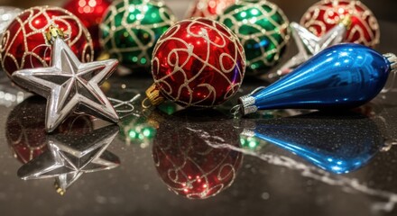 Festive Christmas ornament baubles, stars, and teardrop decoration on a reflective surface