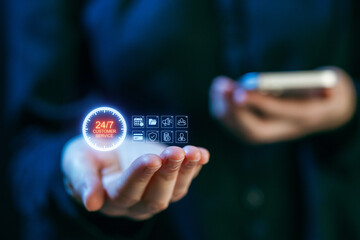 Engagement with digital customer service icons through a smartphone in a modern office setting
