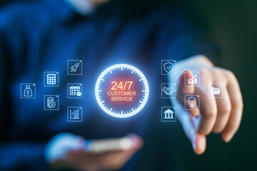 Digital customer support interface showing 24/7 service with icons and user interaction in a modern environment