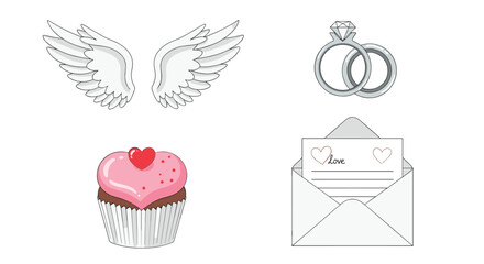 Collection of romantic symbols including wings cupcake rings and love letter, Generative AI.