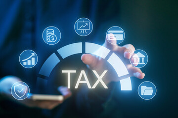 Digital interface showing tax-related icons and information with a person using a smartphone in a modern setting