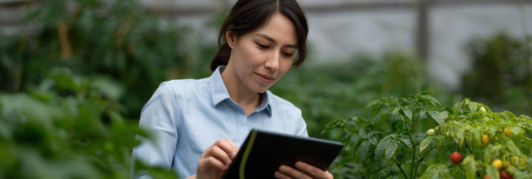 In this image, a focused woman interacts with a tablet while engaging with vibrant plants and crops in a lush greenhouse, symbolizing innovation in agriculture.