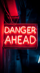 Neon red sign with text danger ahead glowing in dark corridor.
