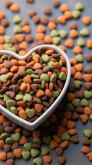 Heart-shaped bowl filled with colorful pet food on dark background.
