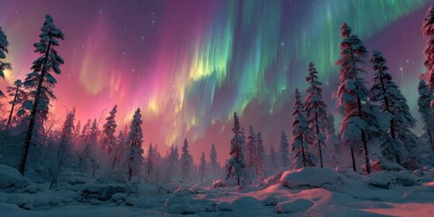 Beautiful landscape at forest with aurora borealis.