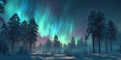 Beautiful landscape at forest with aurora borealis.