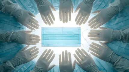 Healthcare Workers’ Hands Encircling Blue Surgical Mask
