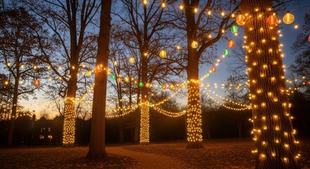 Trees decorated with light garlands at dusk