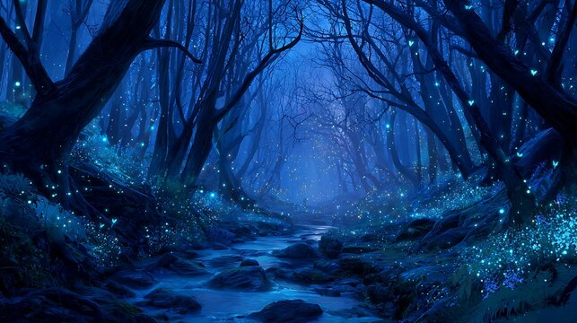 Mystical dark forest path with glowing blue lights and stream