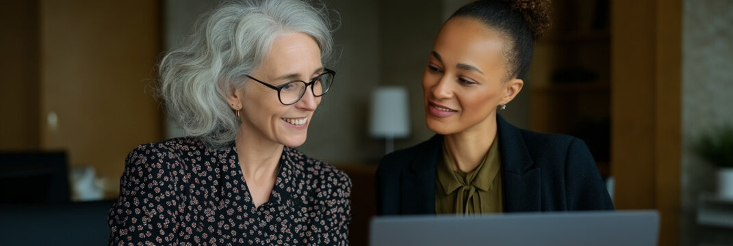 In a professional setting, two women of different ages collaborate over a laptop, exchanging ideas and showcasing teamwork and connection in a modern workplace.