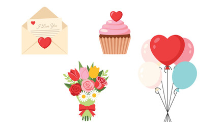 Collection of Valentines Day symbols including a letter cupcake bouquet and balloons, Generative AI.