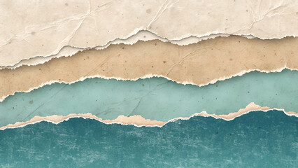 Naklejka premium Torn Paper Background with Horizontal Tri-Layer Texture: Sand Beige, Dusty Teal Fibrous Tear, and Soft Parchment for Eco-Conscious Posters or Indie Album Art