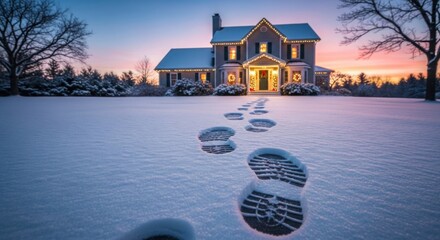 Winter wonderland home with footprint trail leading to the door