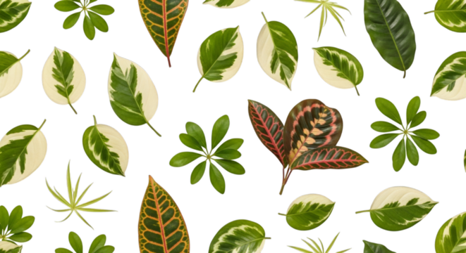 Vibrant exotic tropical leaves arranged artfully on a clean white background