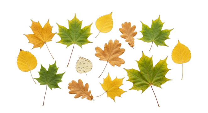 Collection of vibrant autumn leaves showcasing fall season on white background - Powered by Adobe