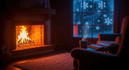 Cozy living room interior with fireplace and snowy winter scene through the window